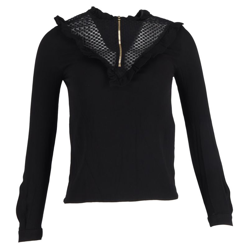 Maje Ruffle Zipped Detail Long Sleeve Blouse Top In Black Polyester